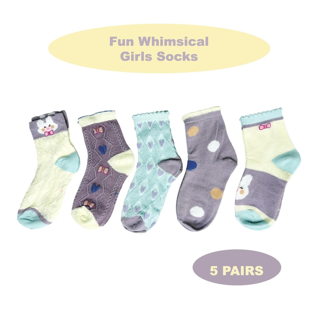 Girls Polychrome Easter Whimsical‎ Bunny Socks 4-6 Purple Casual Pastel 5 Pairs